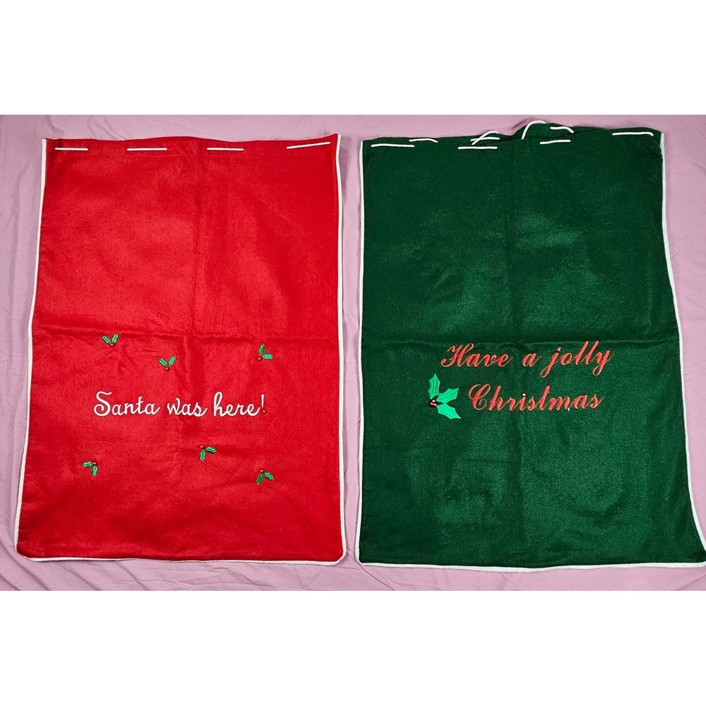 Christmas Gift Sack Set of 2 Embroidered Santa Bag Holiday Decor Red‎ Green